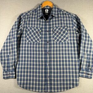 Planet Earth Mens Blue Grey Plaid Long Sleeve Button Down Shirt Medium 13345